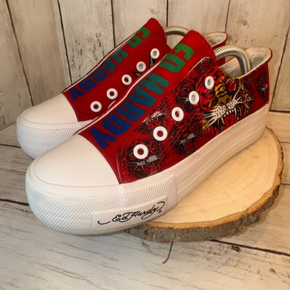 Ed Hardy Red Platform Sneakers with White Soles